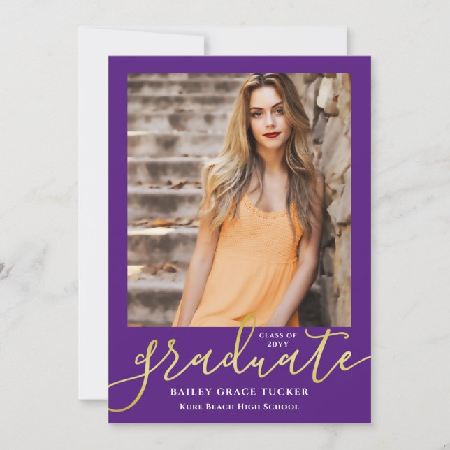 Elegant Script Purple Gold 2-Photo Graduation Announcement (Front)