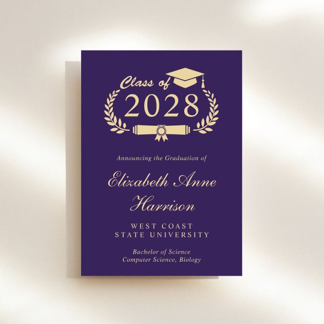 Elegant Script Purple Gold College Graduation Announcement (Share the pride and excitement of your graduate's achievement with friends and family near and far)