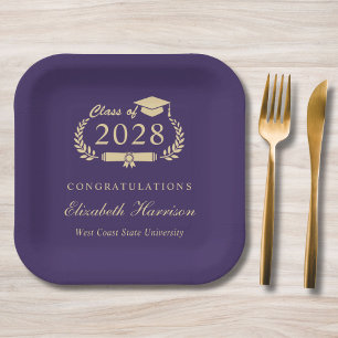 Elegant Script Purple Gold Graduation Paper Plate