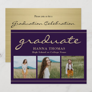 Elegant Script Purple Gold Three Photo Graduation Invitation