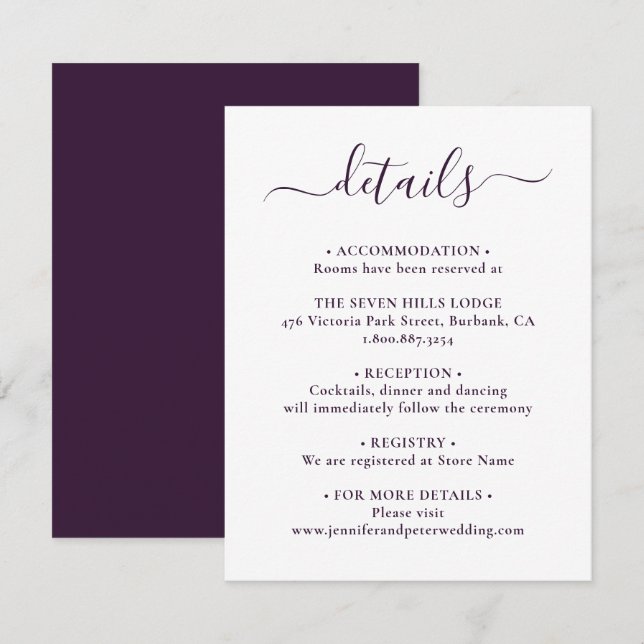 Elegant Script Purple Wedding Details Enclosure Card (Front/Back)