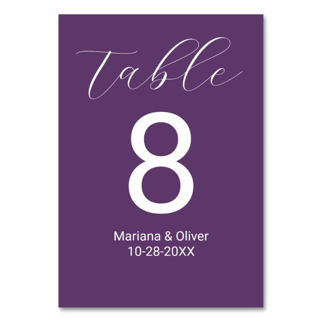 Elegant Script Purple Wedding Table Number (Front)
