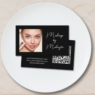 Elegant Script QR Code Photo Makeup Black Business Card
