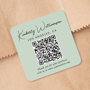 Elegant Script QR Code Sage Green Thank You Square Sticker
