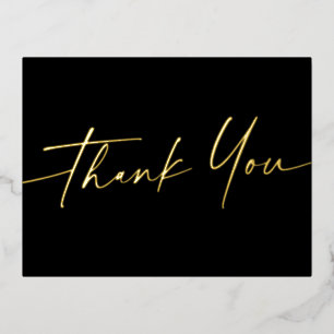 Elegant script real foil thank you black postcard