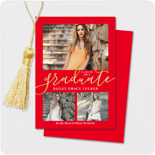 Elegant Script Red 3-Photo Collage Graduation Announcement