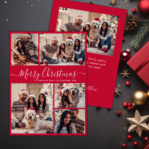 Elegant Script Red 5 Photo Collage Christmas  Holiday Card