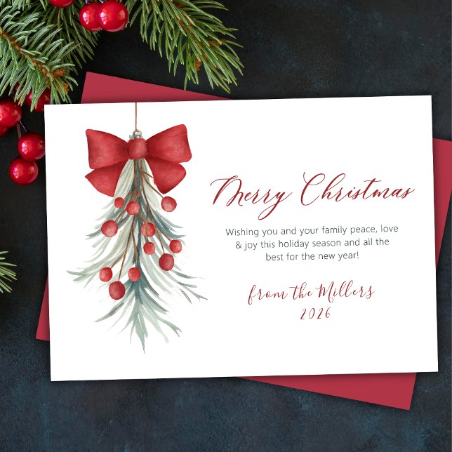 Elegant Script Red Berries Greenery Christmas  Holiday Card (Creator Uploaded)