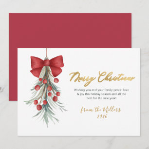 Elegant Script Red Berries Greenery Christmas Holiday Card
