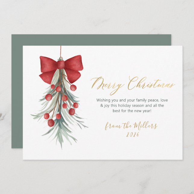 Elegant Script Red Berries Greenery Christmas  Holiday Card (Front/Back)
