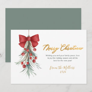 Elegant Script Red Berries Greenery Christmas  Holiday Card