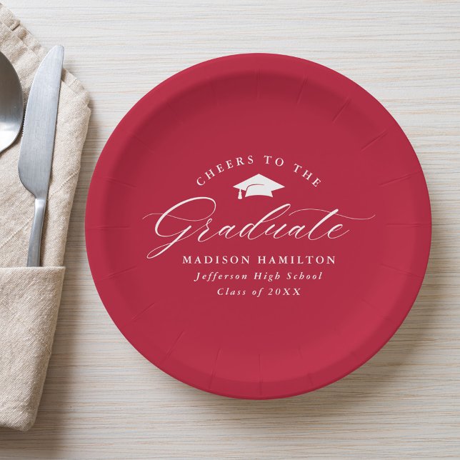 Elegant Script Red Cheers to the Graduate Paper Plate (Creator Uploaded)