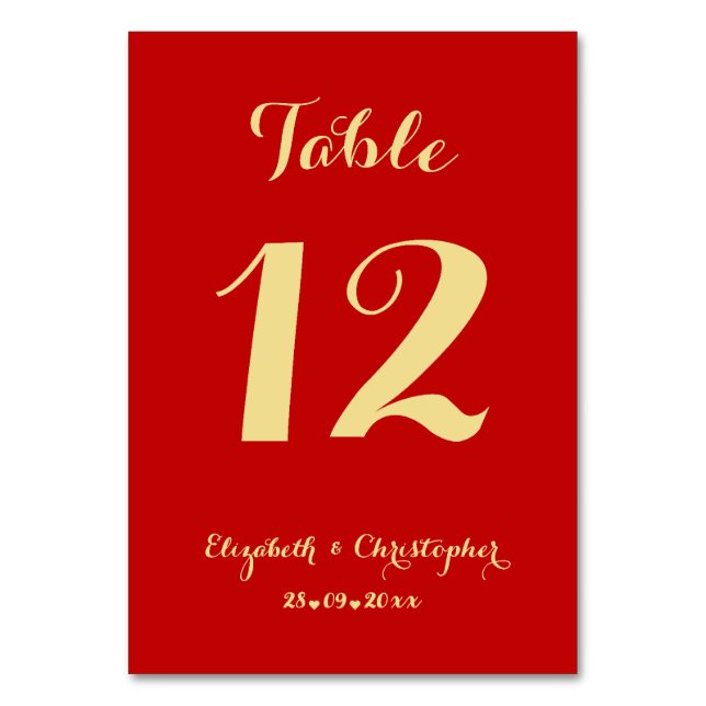 Elegant Script Red Faux Gold Wedding Bridal Shower Table Number (Front)