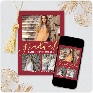 Elegant Script Red Gold 3-Photo Collage Graduation Announcement