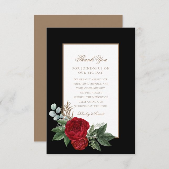 Elegant Script Red Peonies Black & Gold Thank You Card (Front/Back)