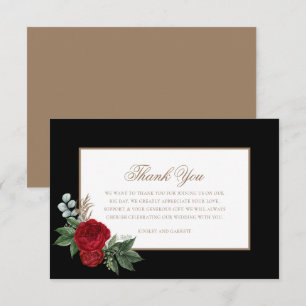 Elegant Script Red Peonies Black & Gold Thank You Card