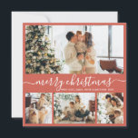 Elegant Script Red Photo Collage Christmas Card<br><div class="desc">Elegant Calligraphy Minimalist 4 Photo Collage Merry Christmas Script Holiday Card. This festive, minimalist, whimsical four (4) photo holiday card template features a pretty photo collage and says „Merry Christmas” on light salmon terracotta or pastel red background. The „Merry Christmas” greeting text is written in a beautiful hand lettered swirly...</div>