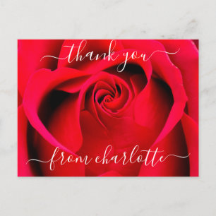 Elegant Script Red Rose Floral Thank You Postcard