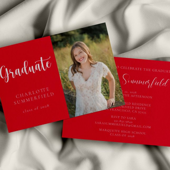 Elegant Script Red White Photo Graduation Invitation (Creator Uploaded)