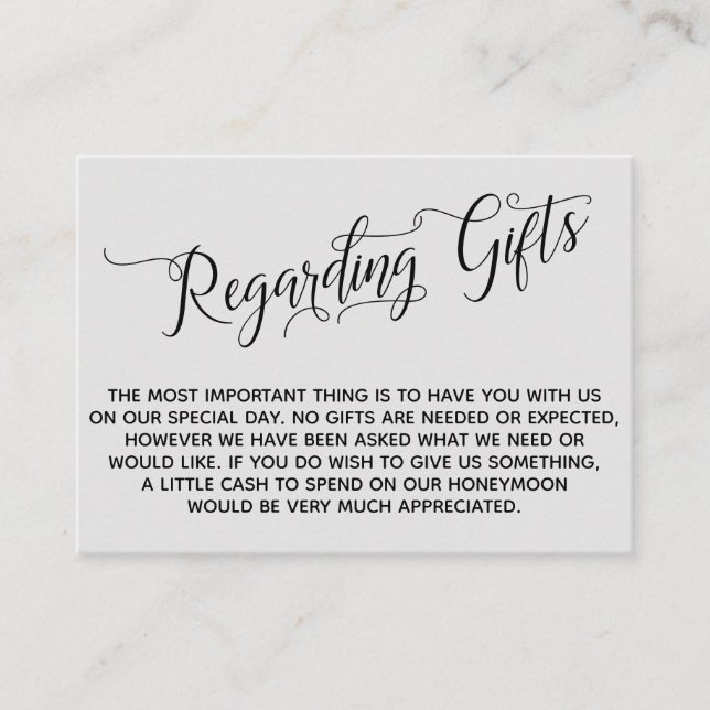 Elegant Script Regarding Wedding Gifts Light Grey Enclosure Card (Front)