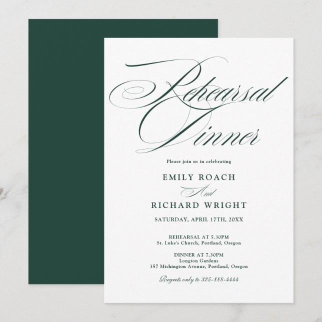 Elegant Script Rehearsal Dinner Emerald Green Invitation (Front/Back)