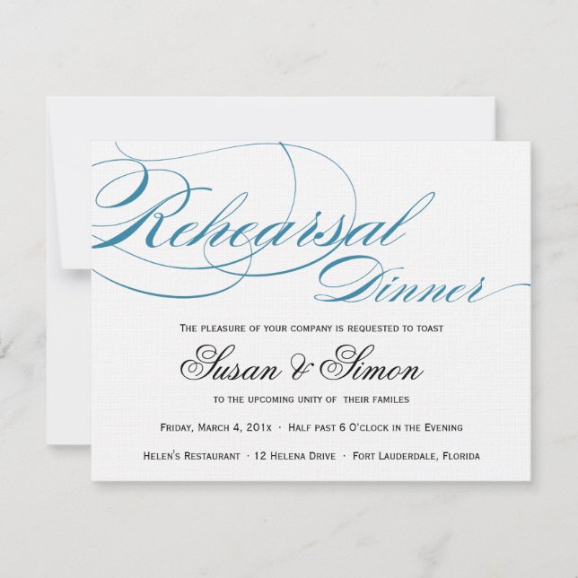 Elegant Script Rehearsal Dinner Invitation Blue (Front)