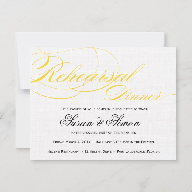 Elegant Script Rehearsal Dinner Invitation Yellow (Front)