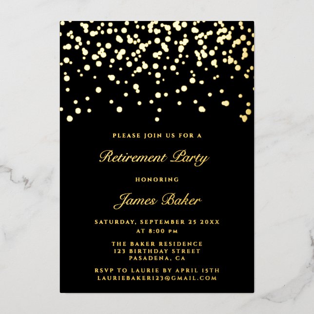 Elegant Script Retirement Party Black & Gold (Front)