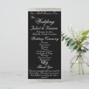 Elegant Script & Ribbon - Black/Silver Wedding Program