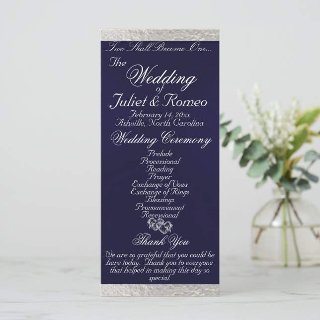 Elegant Script & Ribbon - Navy Blue/Silver Wedding Program (Standing Front)