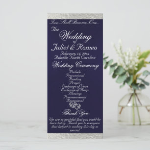 Elegant Script & Ribbon - Navy Blue/Silver Wedding Program