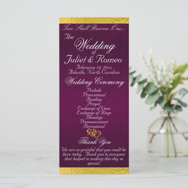 Elegant Script & Ribbon - Purple/Gold Wedding Program (Standing Front)