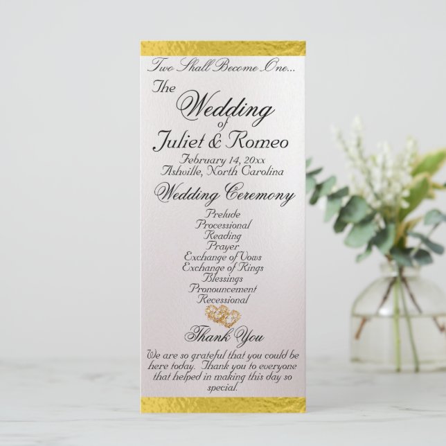 Elegant Script & Ribbon - White Pearl/Gold Wedding Program (Standing Front)