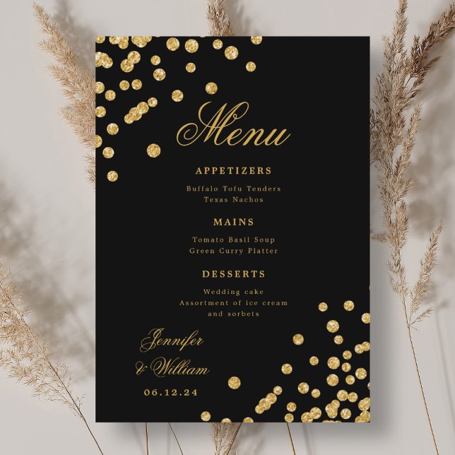 Elegant Script Romantic Wedding Confetti Gold Blac Menu (Elegant Script Romantic Wedding Confetti Gold Blac Menu)