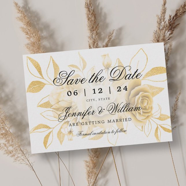 Elegant Script Romantic Wedding Gold Floral  Save The Date (Elegant Script Romantic Wedding Gold Floral Save The Date)