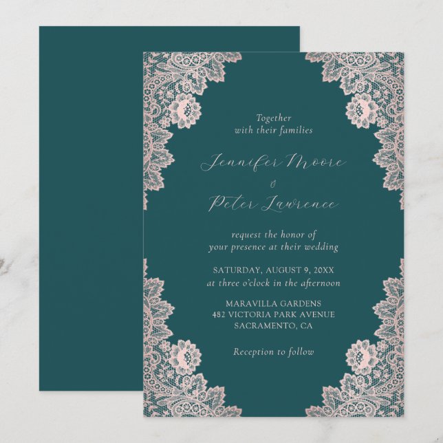 Elegant Script Rose Gold and Teal Wedding Invitation (Front/Back)