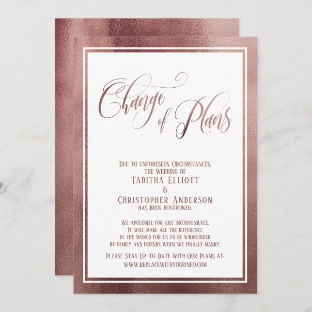 Elegant Script Rose Gold Postponed Wedding Card (Front/Back)