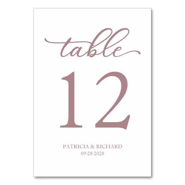 Elegant Script Rose Gold Wedding Table Number (Front)