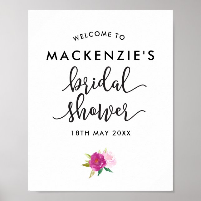 Elegant Script Roses Bridal Shower Welcome Poster (Front)