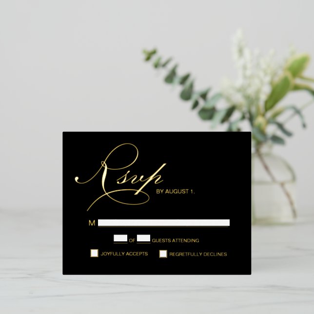 Elegant Script RSVP Gold metallic Wedding Foil Holiday Postcard (Standing Front)