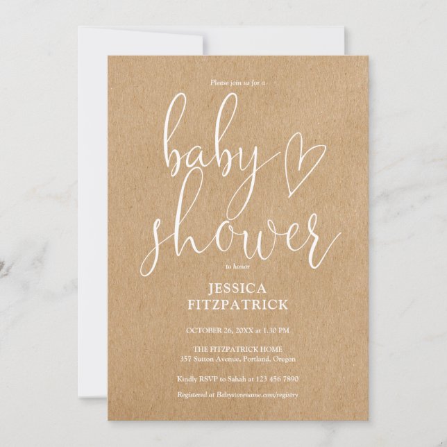 Elegant Script Rustic Kraft All In One Baby Shower Invitation (Front)