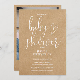 Elegant Script Rustic Kraft Photo Baby Shower Invitation