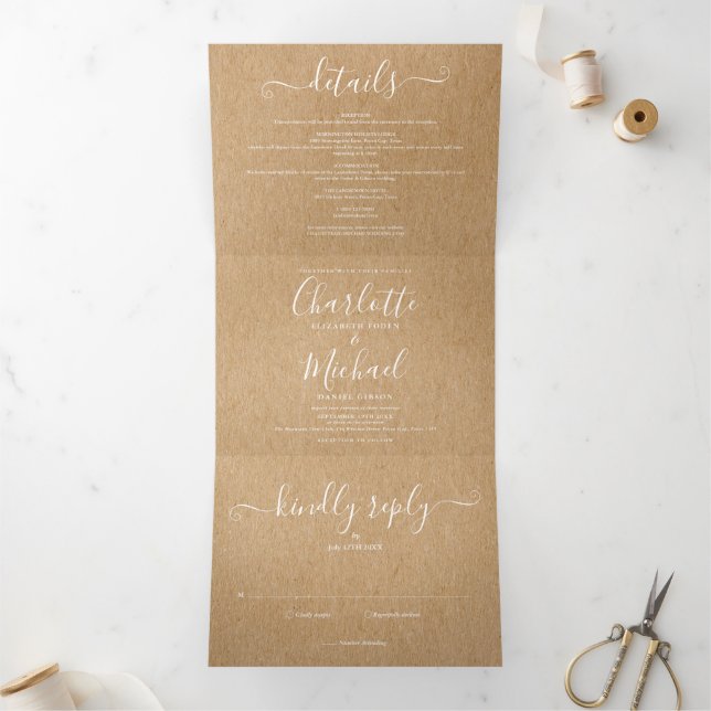 Elegant Script Rustic Kraft Photo Wedding Tri-Fold Invitation (Inside)