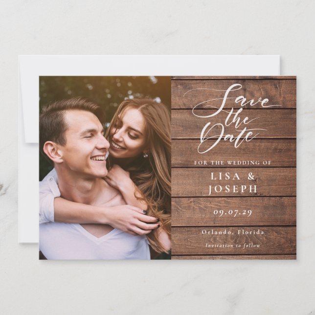 Elegant Script Rustic Wood Photo Wedding Save The Date (Front)