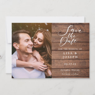 Elegant Script Rustic Wood Photo Wedding Save The Date