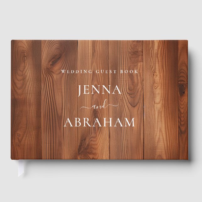Elegant Script Rustic Wood Wedding Guest Book (Front)