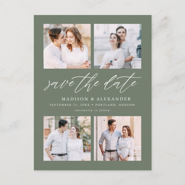 Elegant Script Sage 4 Photo Collage Save The Date Announcement Postcard (Front)