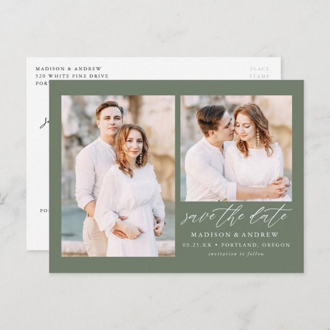 Elegant Script Sage Green 2 Photo Save the Date Announcement Postcard (Front/Back)