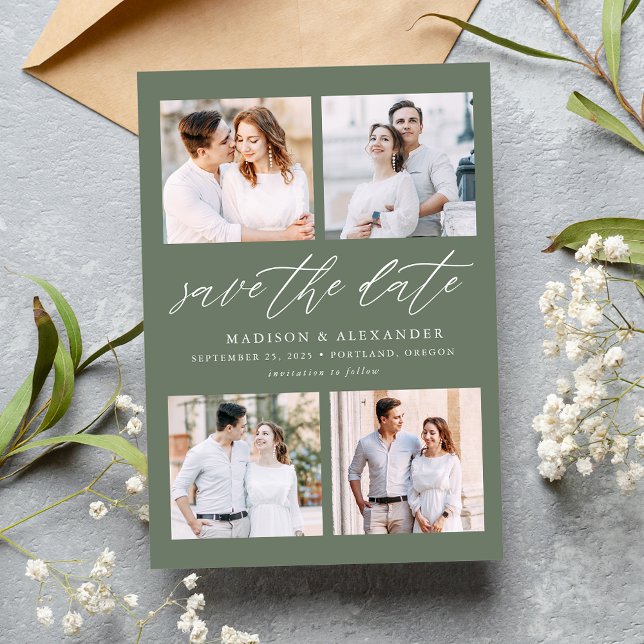 Elegant Script Sage Green 4 Photo Collage Save The Date (Creator Uploaded)