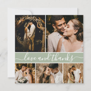 Elegant Script Sage Green 5 Photo Collage Wedding Thank You Card